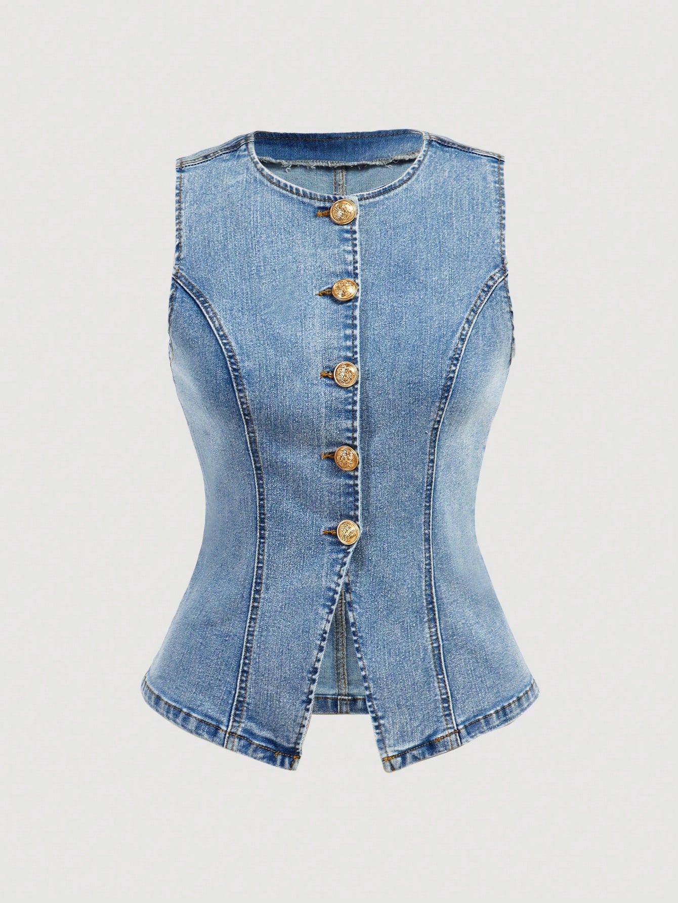 Women's Round Neck Single-Breasted Casual Sleeveless Denim Top