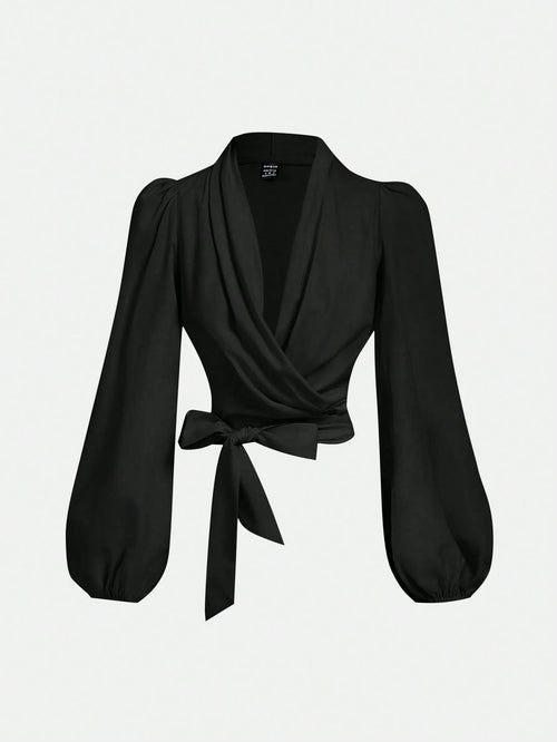 MOD Women's Wrap-Around Tie-Up Bow Batwing Sleeve Blouse shein
