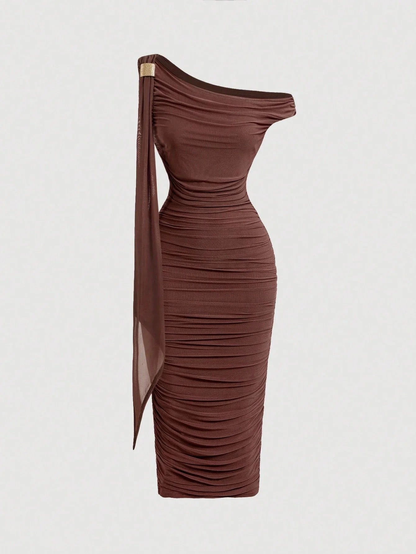 MOD Women's Elegant Asymmetric Neck Ruched Fitted Mid-Length Dress shein