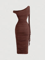 MOD Women's Elegant Asymmetric Neck Ruched Fitted Mid-Length Dress shein