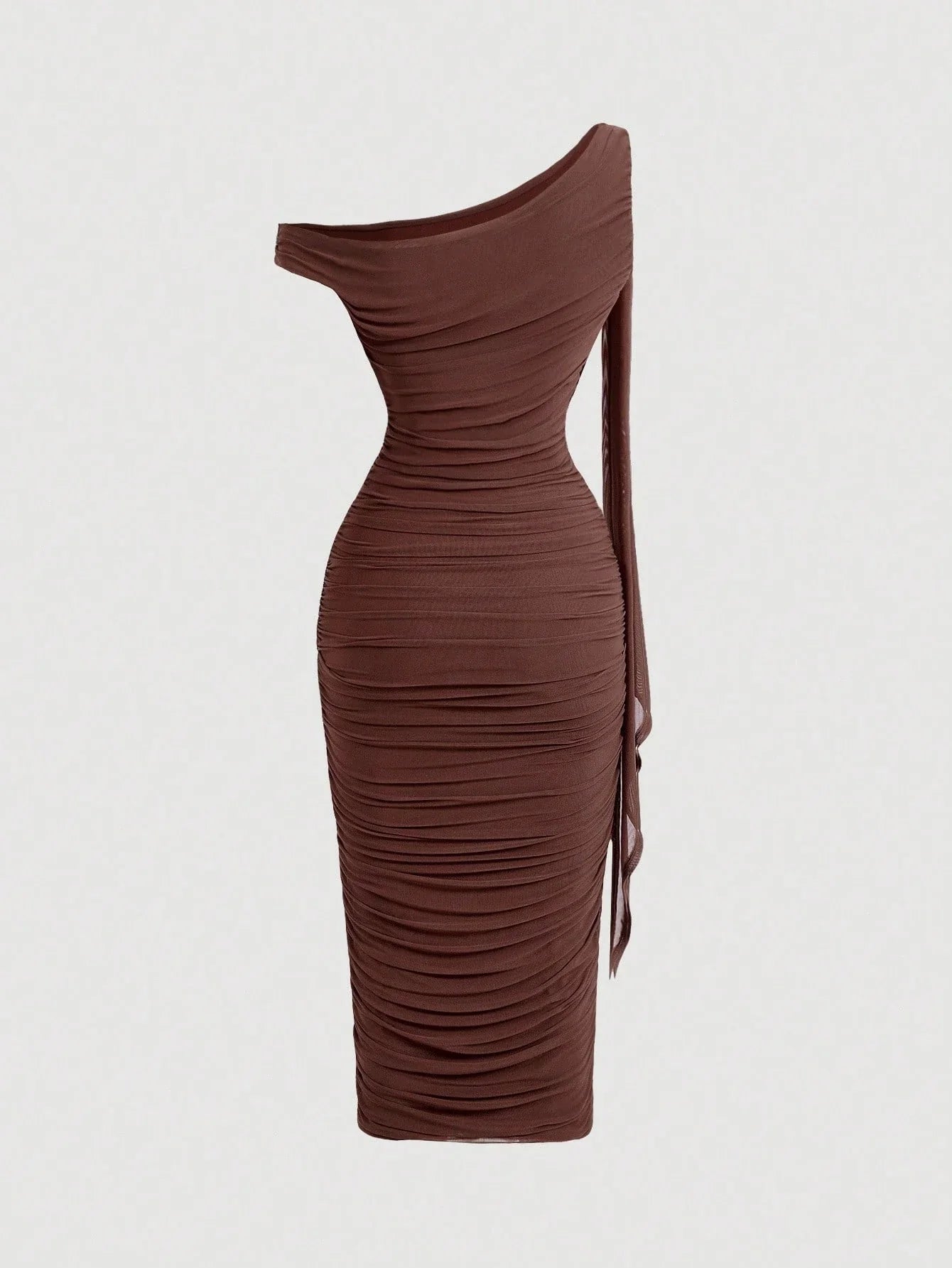 MOD Women's Elegant Asymmetric Neck Ruched Fitted Mid-Length Dress shein