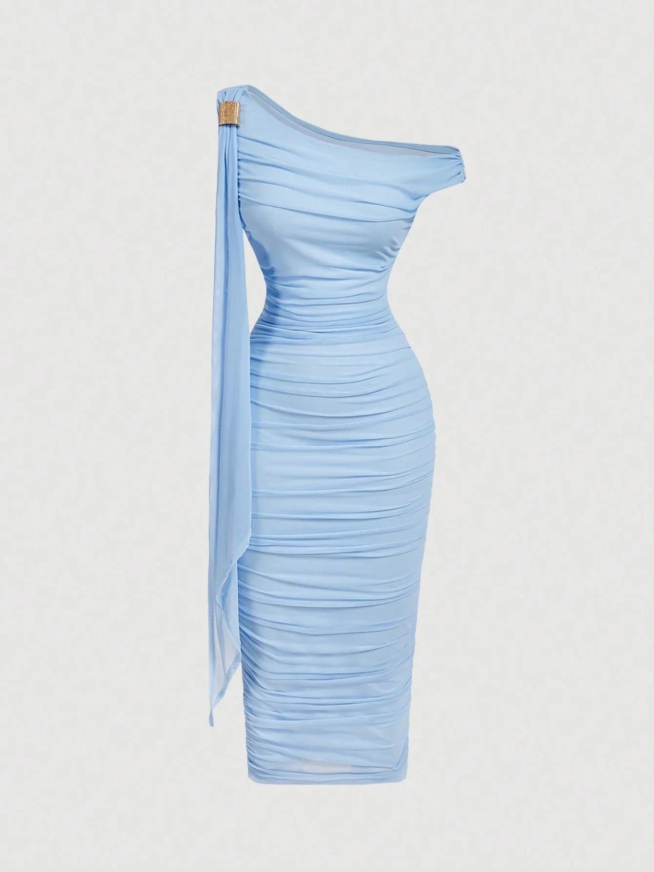 MOD Women's Elegant Asymmetric Neck Ruched Fitted Mid-Length Dress shein