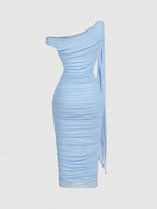MOD Women's Elegant Asymmetric Neck Ruched Fitted Mid-Length Dress shein