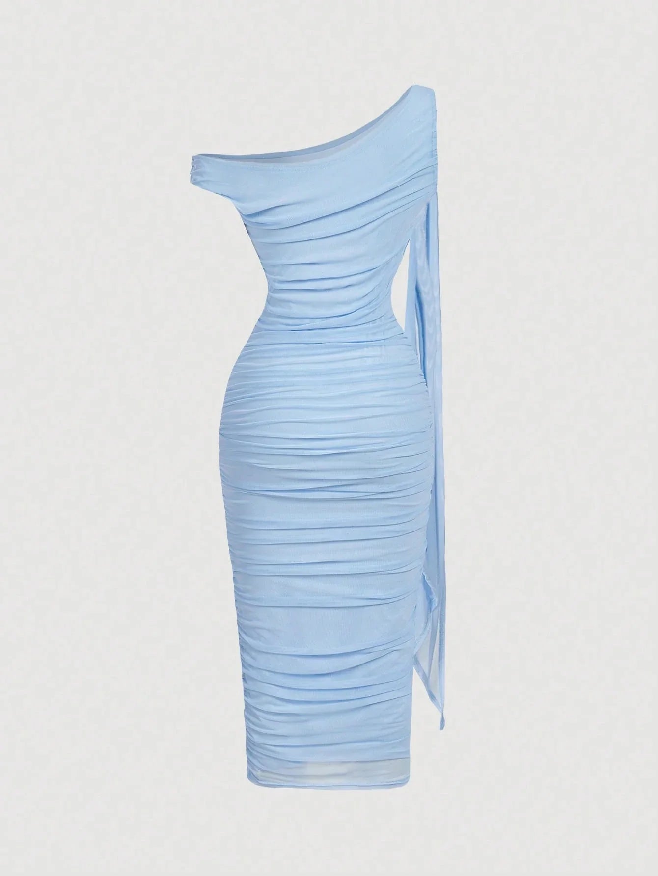 MOD Women's Elegant Asymmetric Neck Ruched Fitted Mid-Length Dress shein