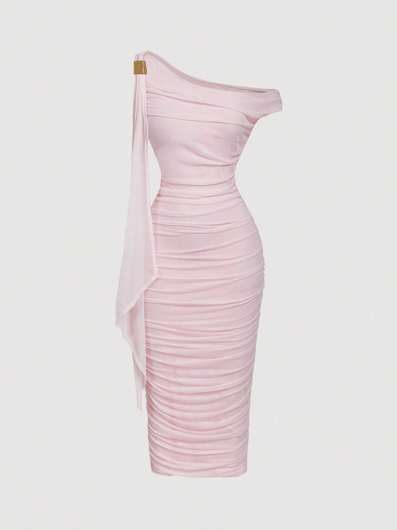 MOD Women's Elegant Asymmetric Neck Ruched Fitted Mid-Length Dress shein
