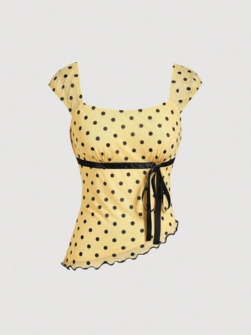 MOD Asymmetric Bow Knot Ruched Hem Polka Dot Print Blouse