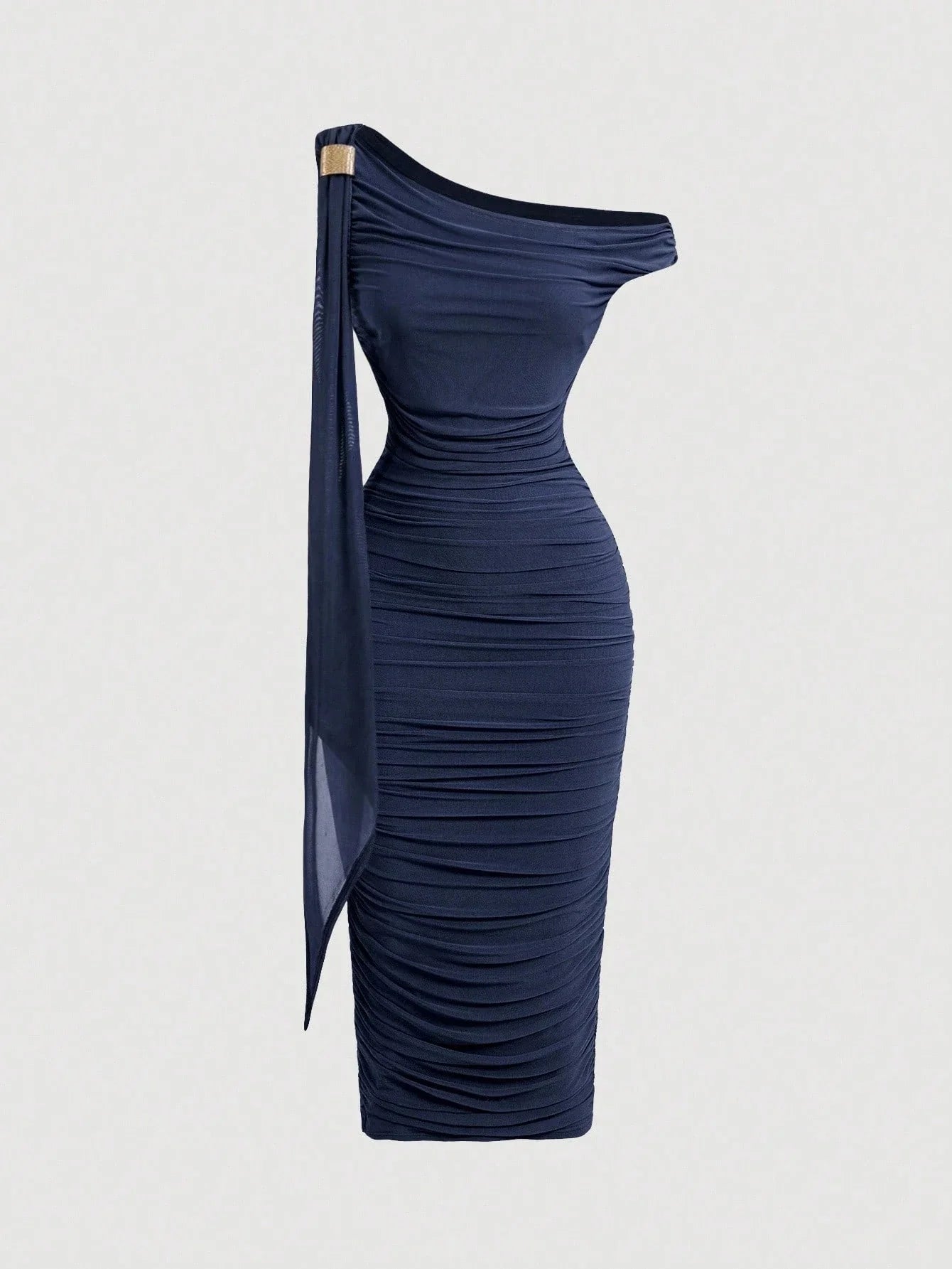 MOD Women's Elegant Asymmetric Neck Ruched Fitted Mid-Length Dress shein
