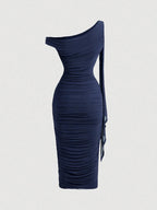 MOD Women's Elegant Asymmetric Neck Ruched Fitted Mid-Length Dress shein