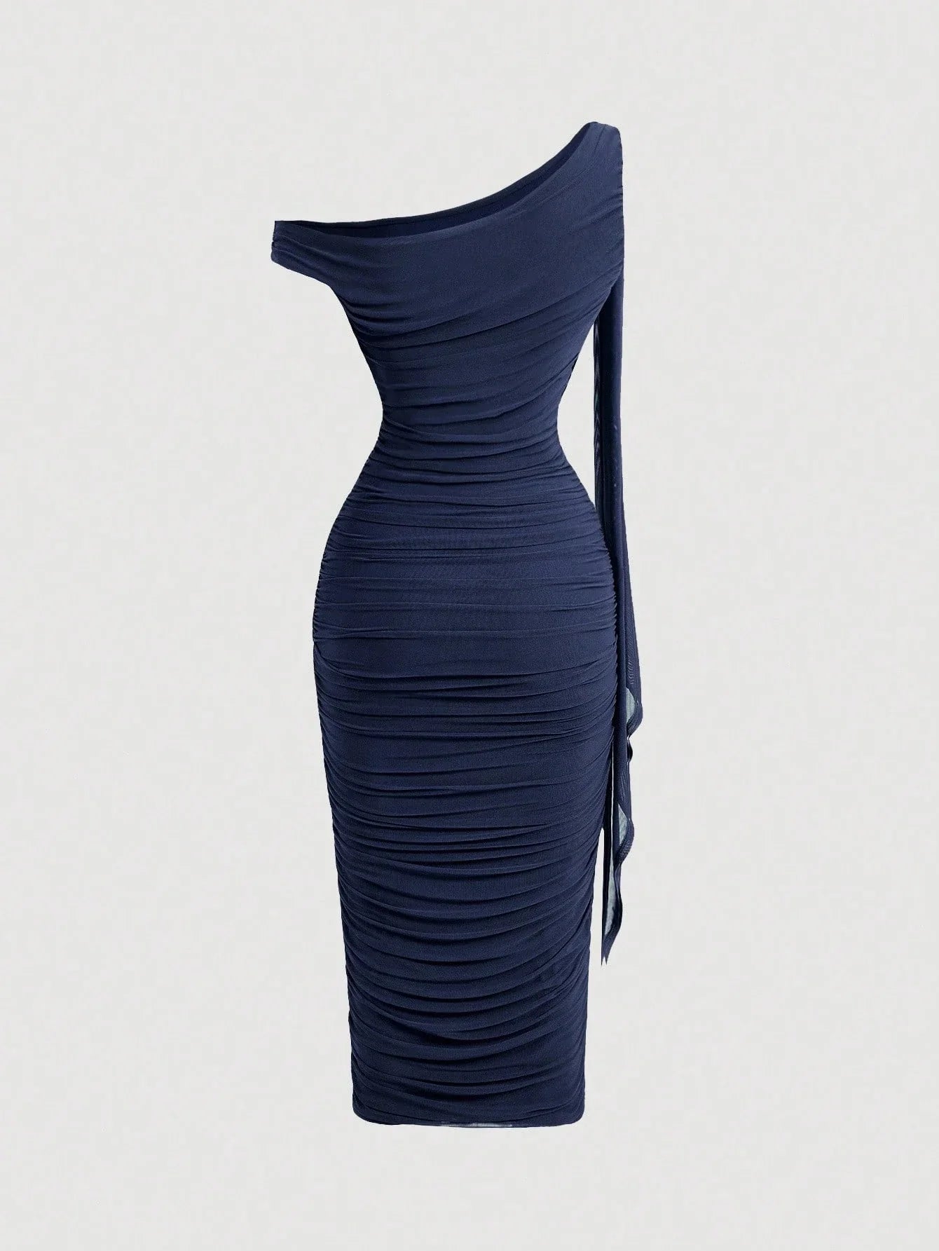 MOD Women's Elegant Asymmetric Neck Ruched Fitted Mid-Length Dress shein