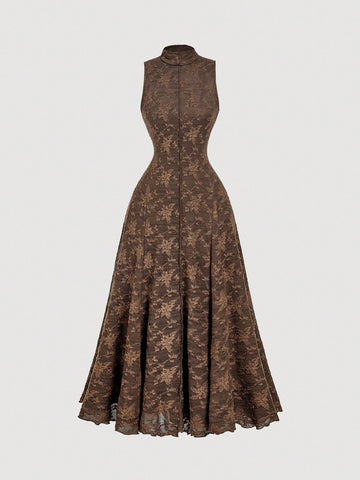 MOD Solid Mock Neck Sleeveless Long Elegant Dress