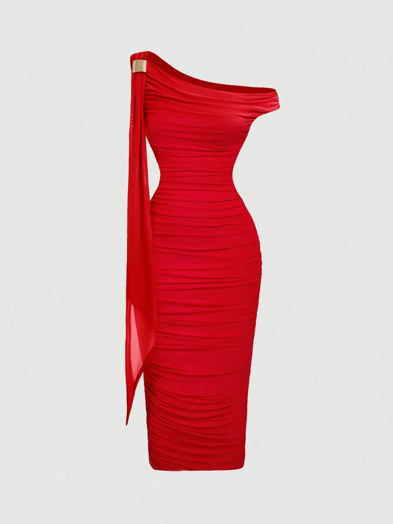 MOD Women's Elegant Asymmetric Neck Ruched Fitted Mid-Length Dress shein