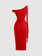 MOD Women's Elegant Asymmetric Neck Ruched Fitted Mid-Length Dress shein