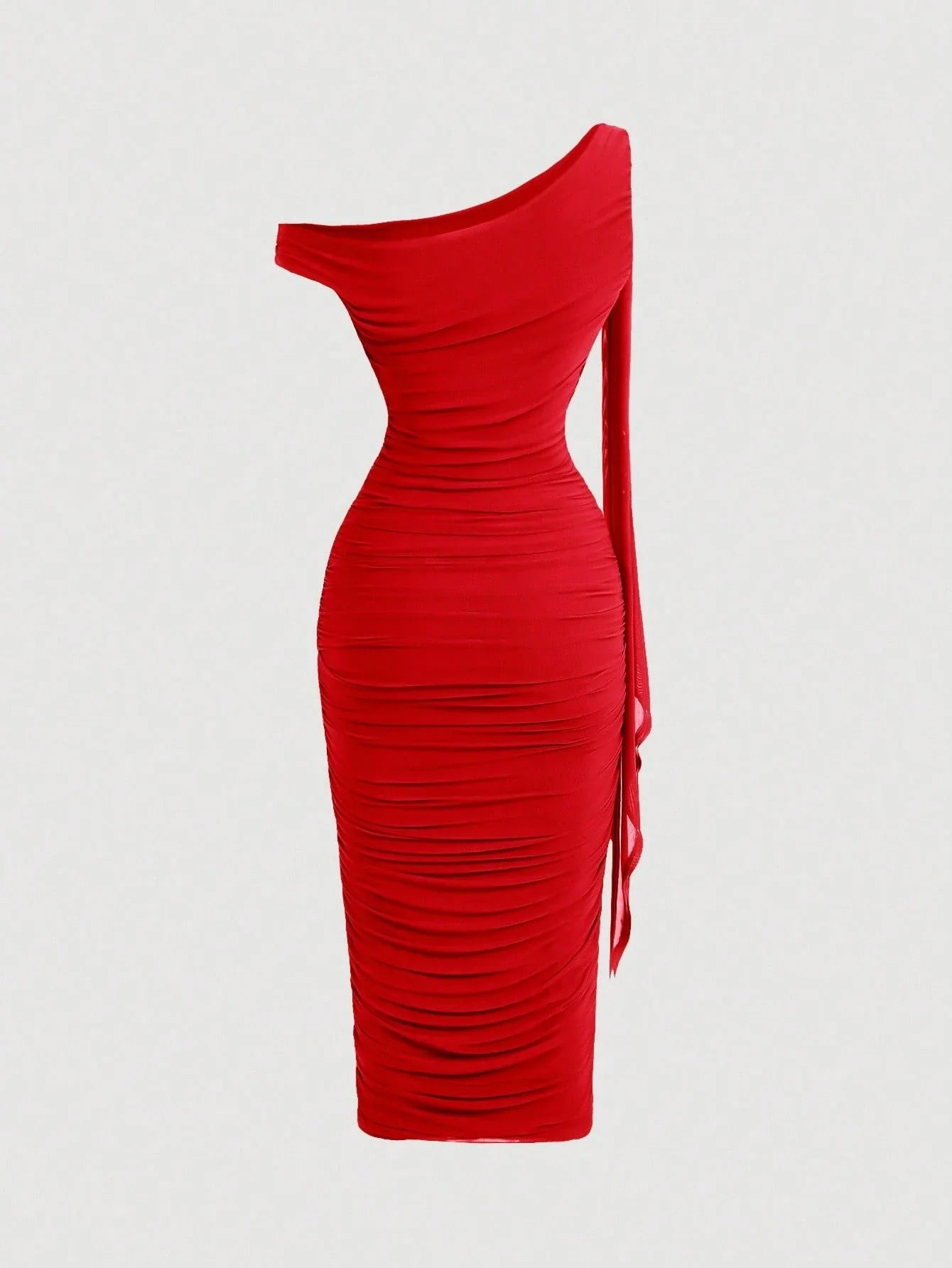 MOD Women's Elegant Asymmetric Neck Ruched Fitted Mid-Length Dress shein