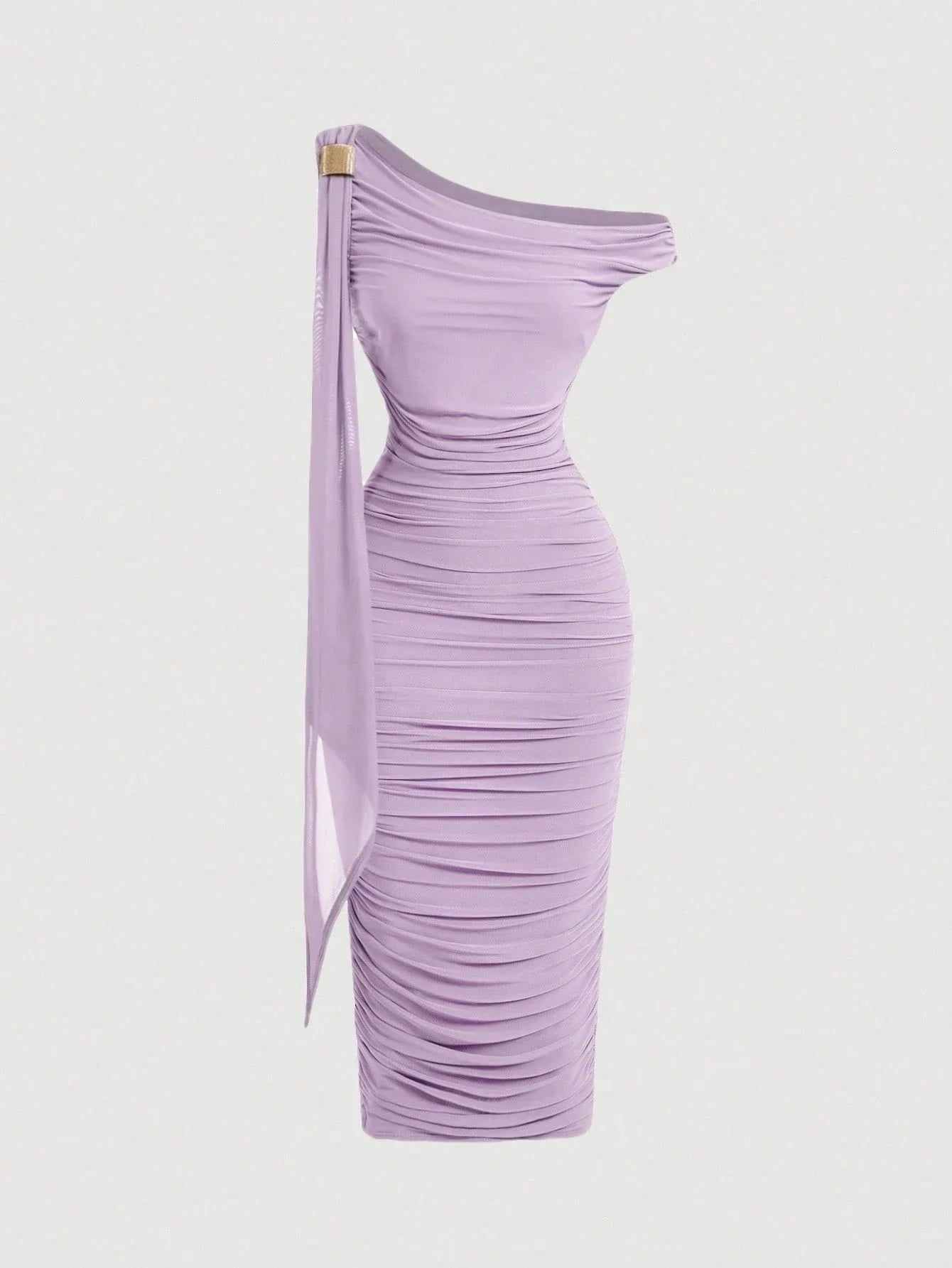 MOD Women's Elegant Asymmetric Neck Ruched Fitted Mid-Length Dress shein