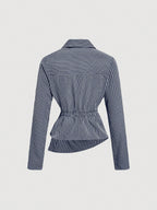 Striped Turndown Collar Fold-Over Long Sleeve Top shein