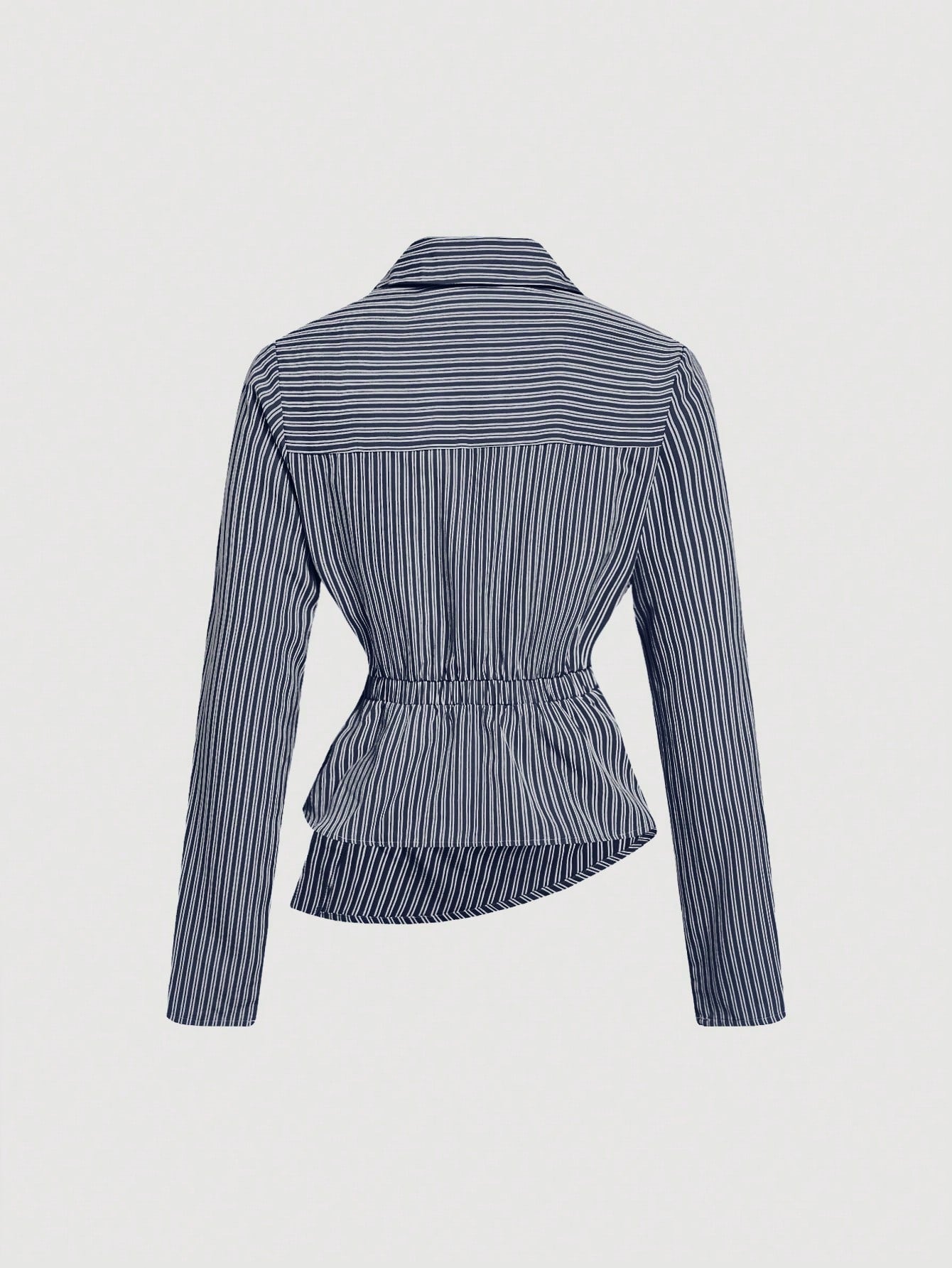 Striped Turndown Collar Fold-Over Long Sleeve Top shein