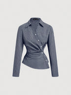Striped Turndown Collar Fold-Over Long Sleeve Top shein