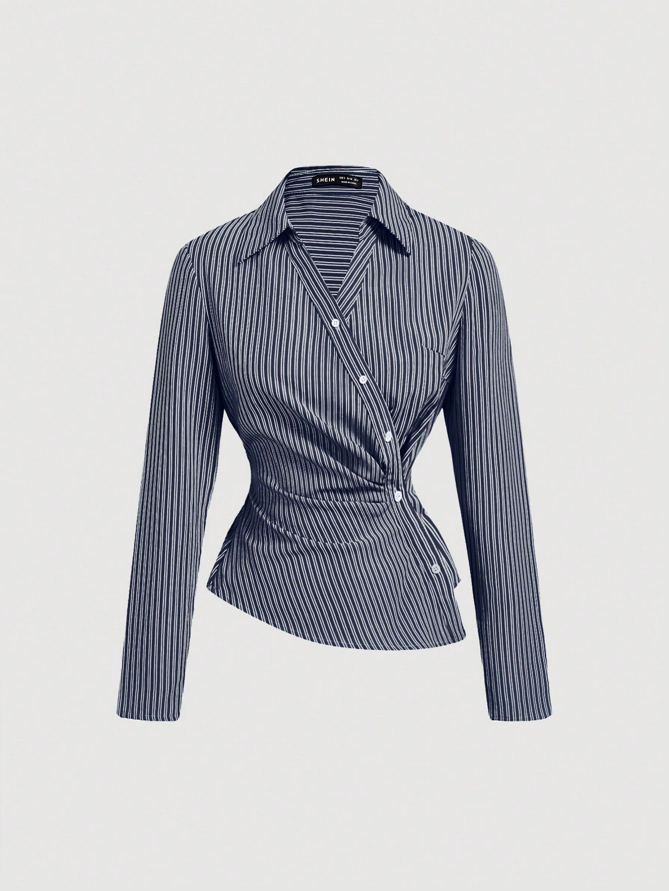 Striped Turndown Collar Fold-Over Long Sleeve Top shein