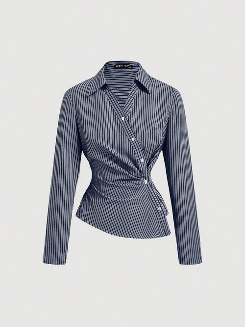 Striped Turndown Collar Fold-Over Long Sleeve Top shein