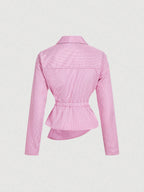 Striped Turndown Collar Fold-Over Long Sleeve Top shein