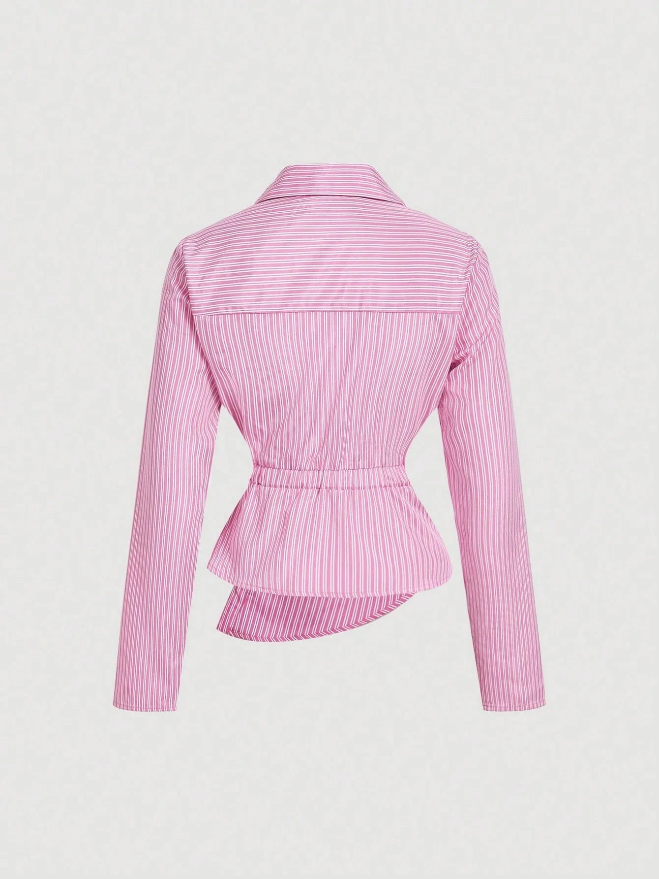 Striped Turndown Collar Fold-Over Long Sleeve Top shein