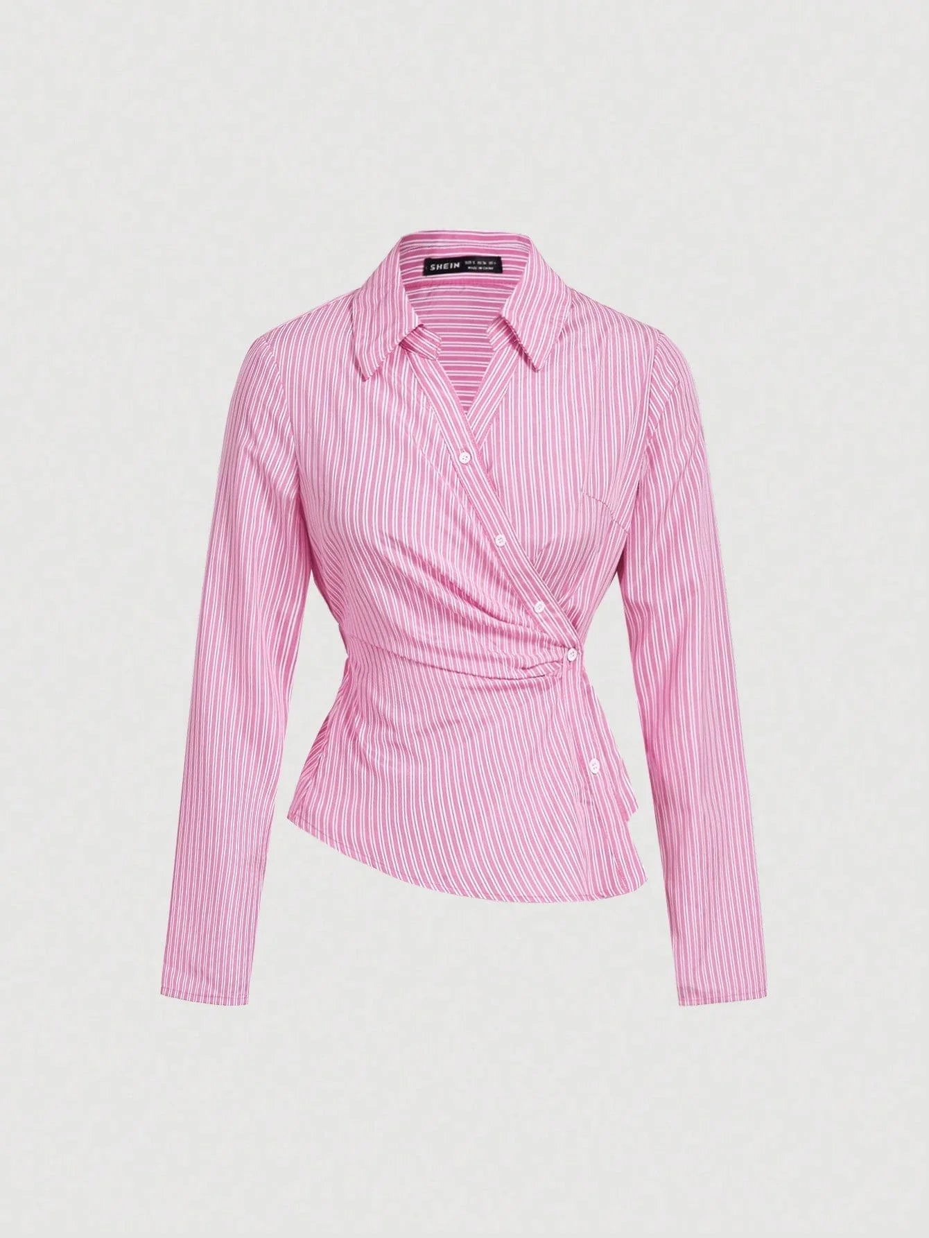 Striped Turndown Collar Fold-Over Long Sleeve Top shein