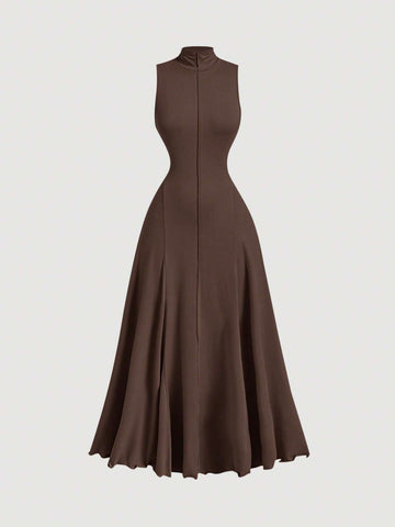 MOD Solid Mock Neck Sleeveless Long Elegant Dress