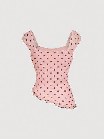 MOD Asymmetric Bow Knot Ruched Hem Polka Dot Print Blouse