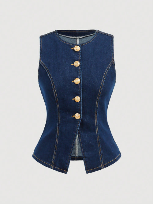 Women's Round Neck Single-Breasted Casual Sleeveless Denim Top shein