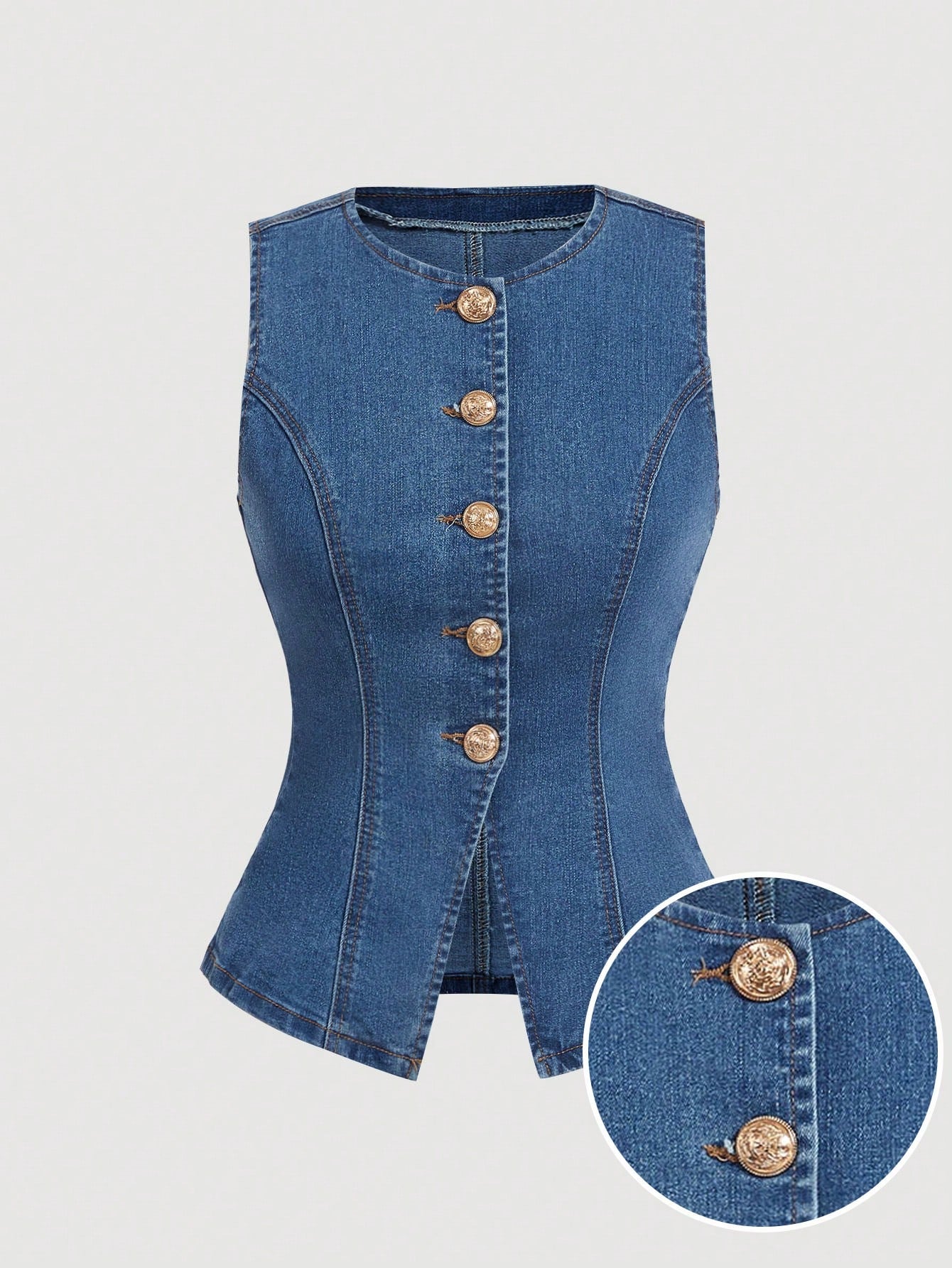 Women's Round Neck Single-Breasted Casual Sleeveless Denim Top