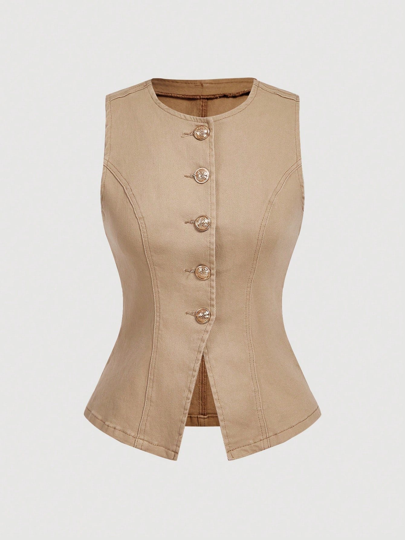 Women's Round Neck Single-Breasted Casual Sleeveless Denim Top