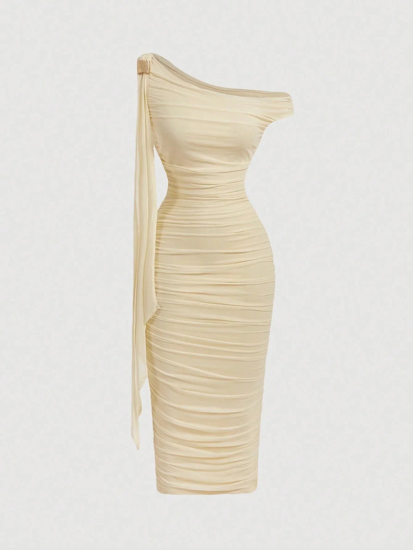 MOD Women's Elegant Asymmetric Neck Ruched Fitted Mid-Length Dress shein