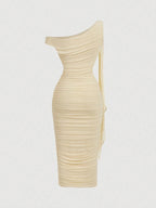 MOD Women's Elegant Asymmetric Neck Ruched Fitted Mid-Length Dress shein