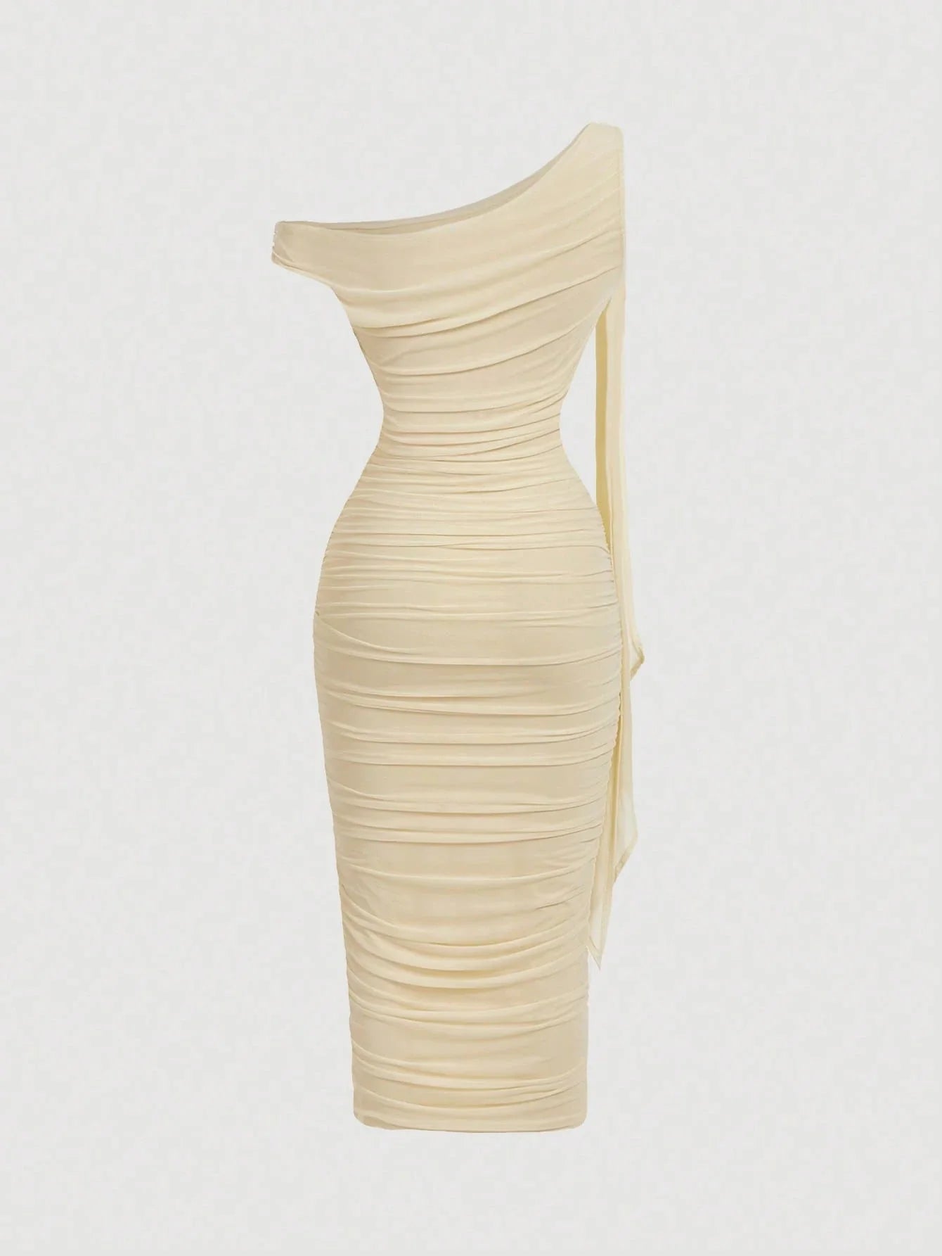 MOD Women's Elegant Asymmetric Neck Ruched Fitted Mid-Length Dress shein