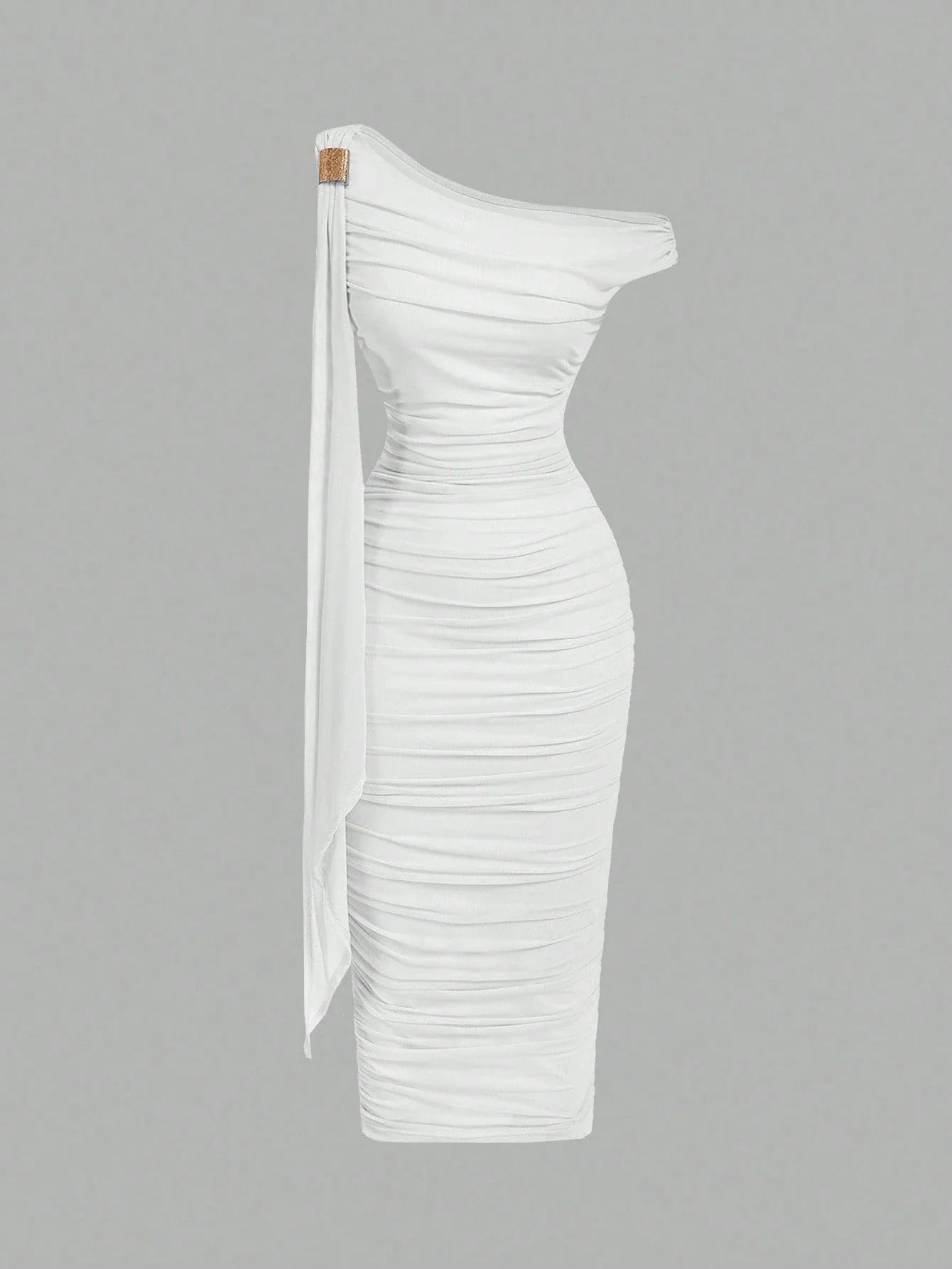 MOD Women's Elegant Asymmetric Neck Ruched Fitted Mid-Length Dress shein