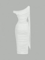 MOD Women's Elegant Asymmetric Neck Ruched Fitted Mid-Length Dress shein