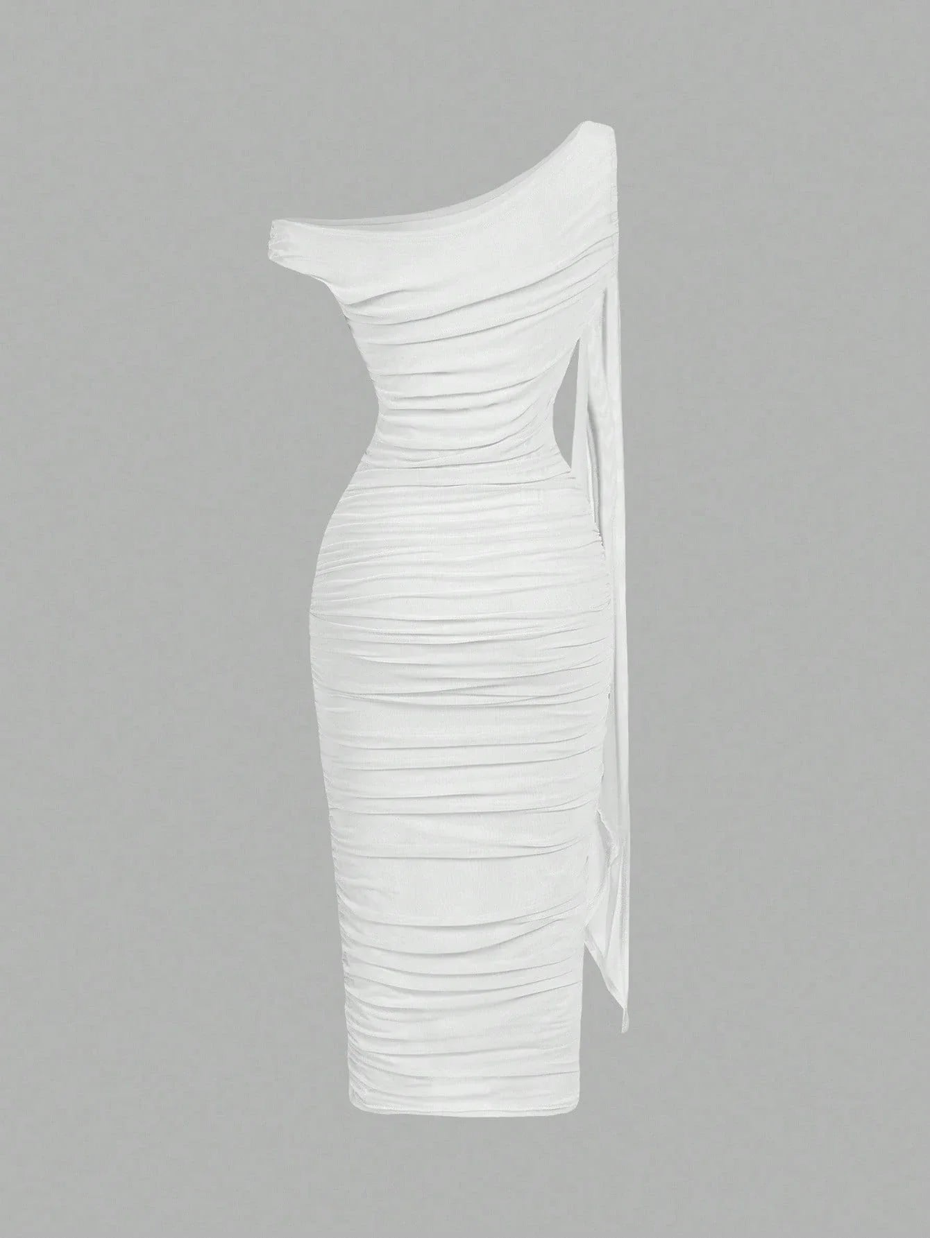 MOD Women's Elegant Asymmetric Neck Ruched Fitted Mid-Length Dress shein