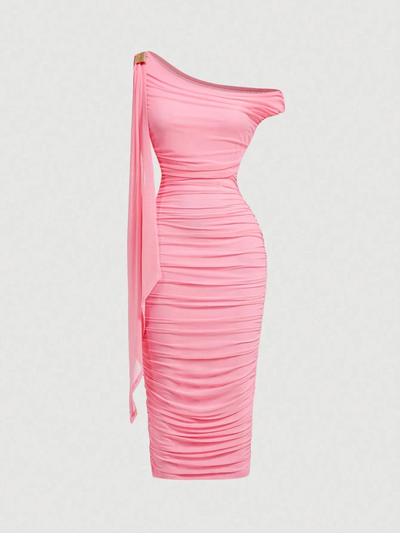 MOD Women's Elegant Asymmetric Neck Ruched Fitted Mid-Length Dress shein