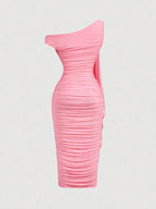 MOD Women's Elegant Asymmetric Neck Ruched Fitted Mid-Length Dress shein