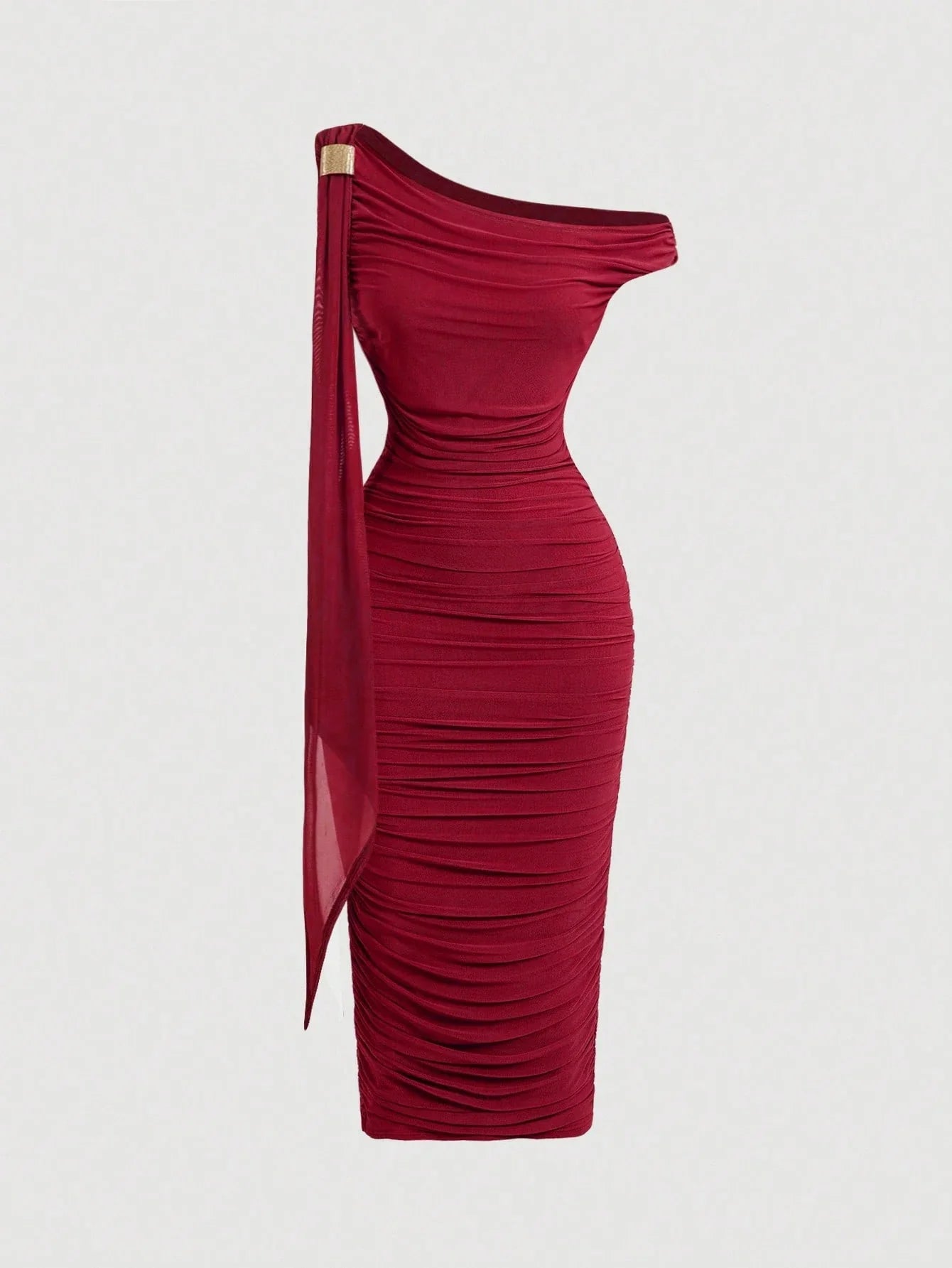 MOD Women's Elegant Asymmetric Neck Ruched Fitted Mid-Length Dress shein