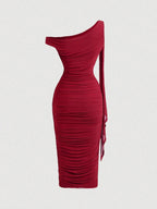 MOD Women's Elegant Asymmetric Neck Ruched Fitted Mid-Length Dress shein