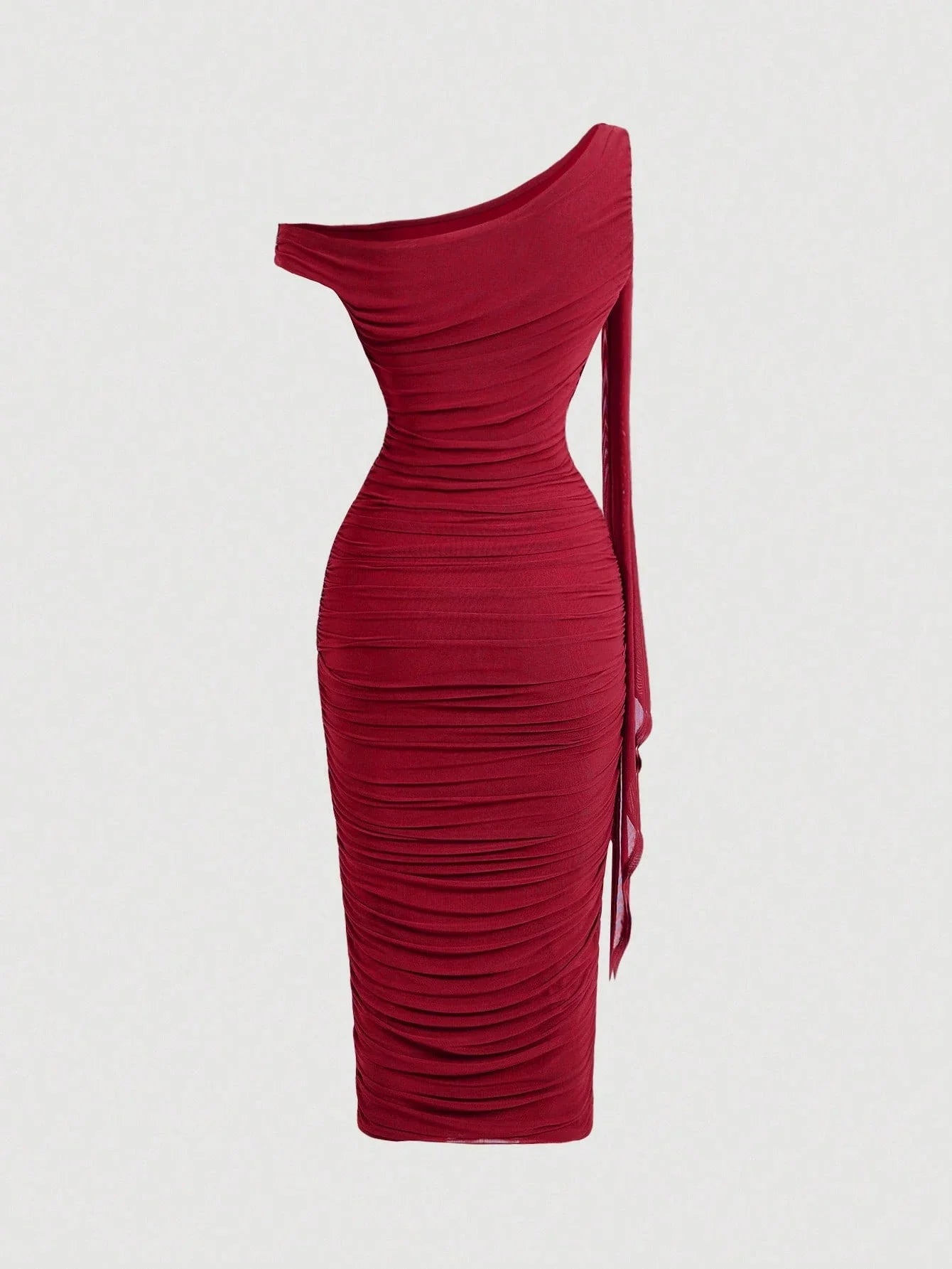 MOD Women's Elegant Asymmetric Neck Ruched Fitted Mid-Length Dress shein