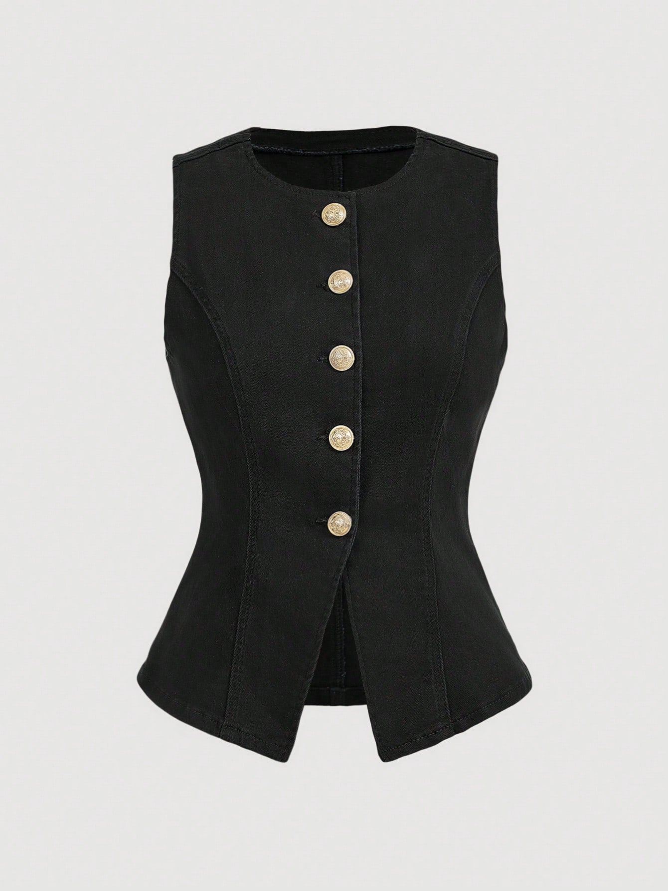 Women's Round Neck Single-Breasted Casual Sleeveless Denim Top