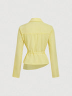 Striped Turndown Collar Fold-Over Long Sleeve Top shein