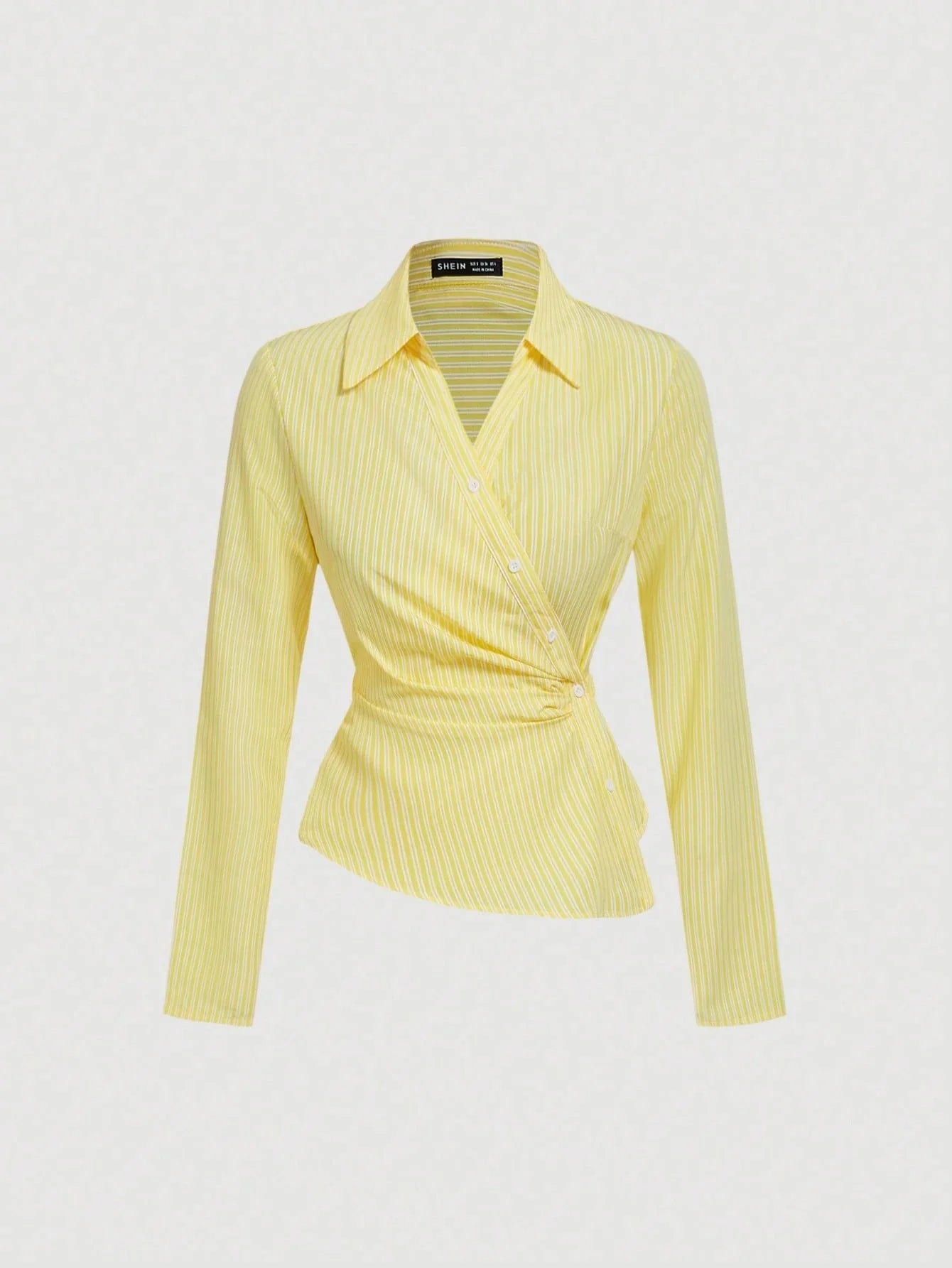 Striped Turndown Collar Fold-Over Long Sleeve Top shein