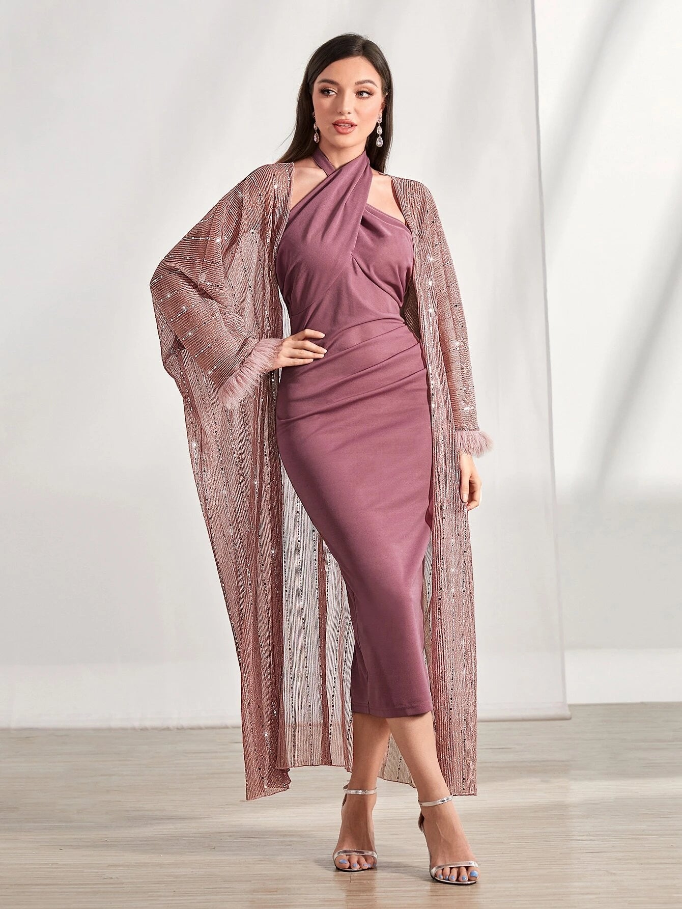AZ Fuzzy Cuff Coat & Bodycon Dress shein