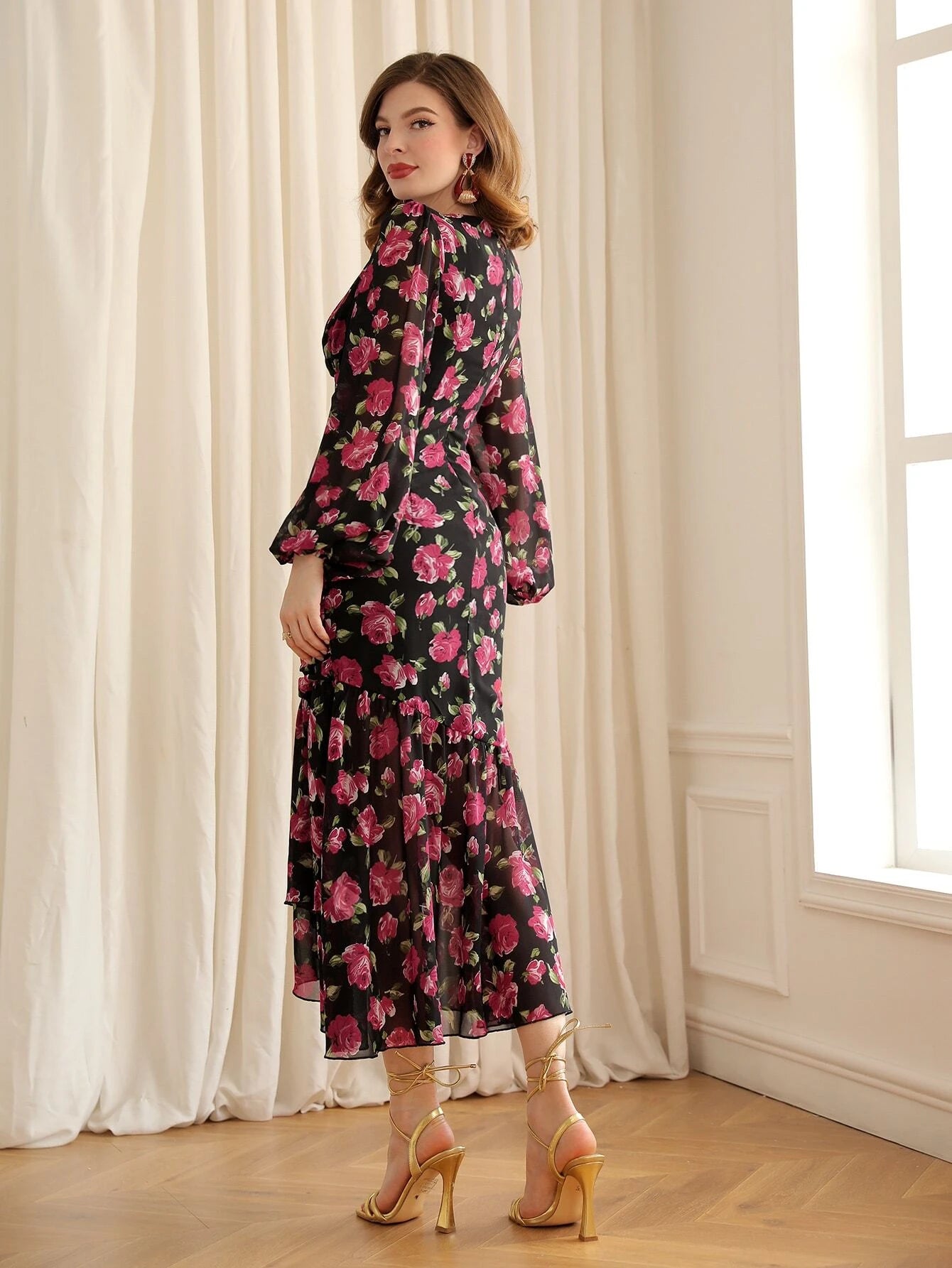 Floral Print Lantern Sleeve Ruched Mermaid Hem Dress shein