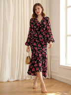 Floral Print Lantern Sleeve Ruched Mermaid Hem Dress shein