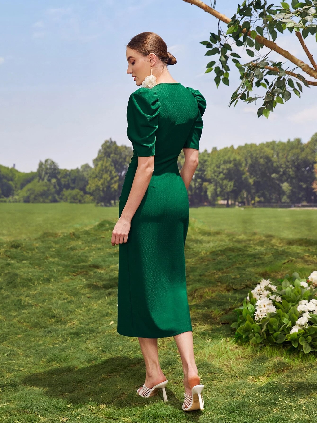 AZ Puff Sleeve Ruched Front Dress shein