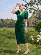 AZ Puff Sleeve Ruched Front Dress shein